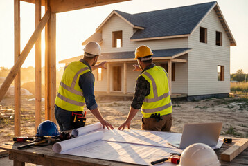 Two construction engineers reviewing plans at wooden house building site