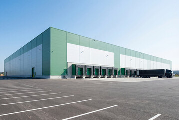 Obraz premium Large modern industrial warehouse building with green and white exterior and loading docks