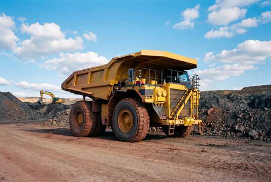Massive yellow mining haul truck stationary on dirt road in open pit mine under blue sky