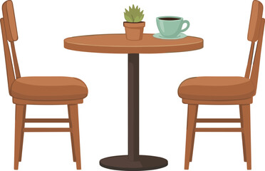 Fototapeta premium Cozy Cafe Table and Chairs Vector Illustration with Coffee Cup and Small Plant Minimal Coffee Shop Furniture Scene Isolated on White Background.