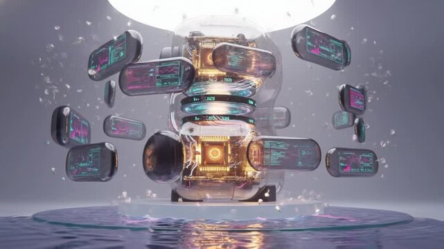 Futuristic energy core device with glowing mechanical components and floating digital modules in a modern lab