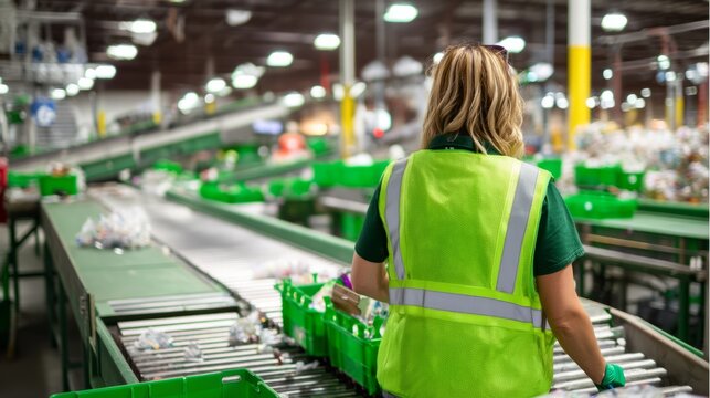 Technician in Reflective Vest at Recycling Facility Sorting Materials