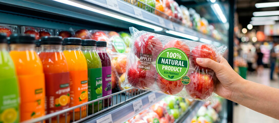 A shopper carefully picks out a pack of fresh apples from a grocery store shelf that is brimming with a variety of drinks and other products, all under the bright light of day © Natali