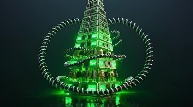 Futuristic tower of green glowing monitors wrapped in mechanical tentacles in a dark scifi environment