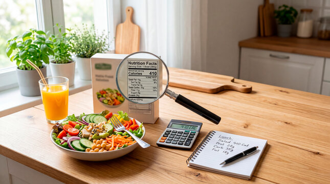 Healthy meal preparation includes a colorful salad with various vegetables, a drink, and nutritional facts recorded on paper in a kitchen setting during daytime