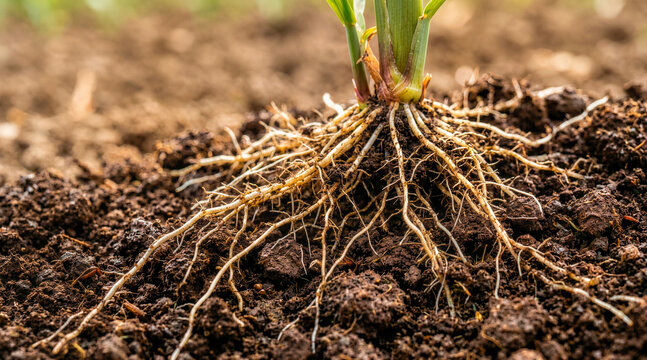 Close up of young corn plant roots spreading in dark soil. Detailed view of fibrous root system in agricultural field. Plant growth and agronomy concept