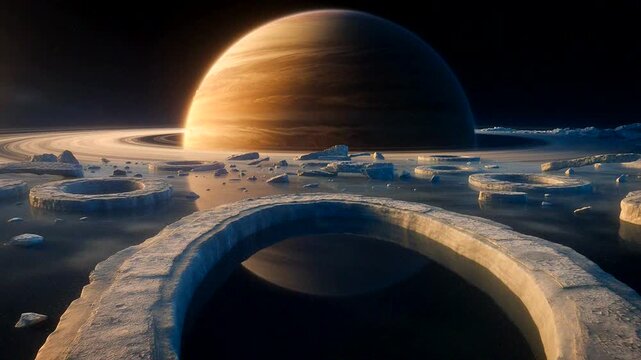 A stunning cosmic scene featuring a majestic planet surrounded by ice formations and glowing rings in space.