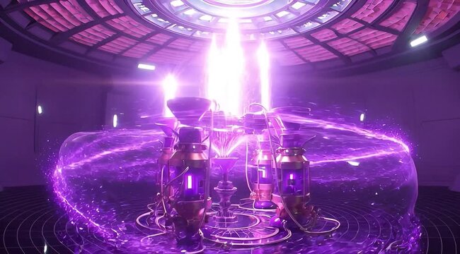 Futuristic power core with glowing purple energy vortex and steampunk machinery in a hightech lab environment