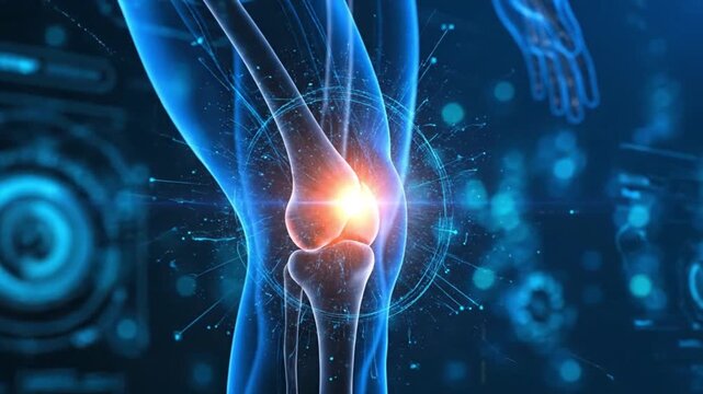 A medical video illustrating a knee joint with inflammation and pain