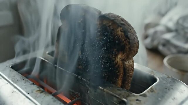 Burnt Toast Popping Out of Smoking Toaster in Messy Kitchen Slow Motion 4K