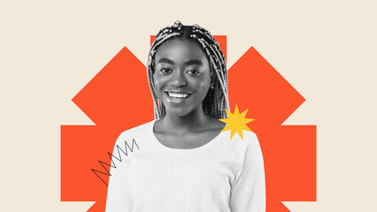 A young woman with braided hair stands smiling in front of bright colored shapes. The background is a mix of angular designs and various colors. © Prostock-studio