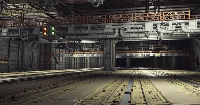 mechanical corridor with intricate pipes and valves, textured bulkheads and mounting brackets, visible gauges and cable trays, muted light highlights grease