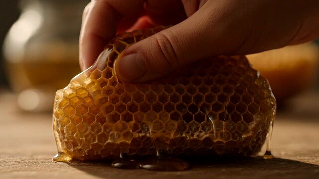 Hand squeezing fresh honeycomb with golden honey oozing out on a rustic wooden table.