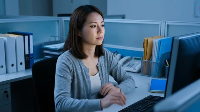 Tired Asian Woman Rubbing Eyes While Working Late at Computer in Office