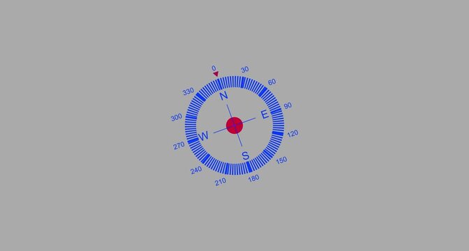 Animation of blue flat design compass icon animation for direction and navigation. Compass icon with cardinal directions animation. World GPS round travel compass.