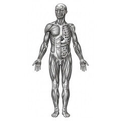 Fototapeta premium Man. Male Human Anatomy Diagram Muscular Skeletal and Internal Organs Split View