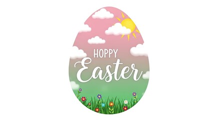 Obraz premium Vibrant easter egg graphic with 'happy easter' text on pastel cloudy background with floral grass