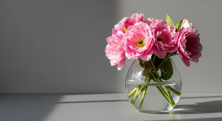 Fototapeta premium A delicate vase holds a bouquet of vibrant pink flowers on a table