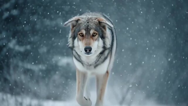 Majestic Wolf Navigates Through a Snowy Winter Forest Landscape.