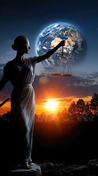 Universal legal concept, blindfolded Lady Justice holding scales, impartial balance and global equity, vibrant Earth horizon sunset, fair judgment for humanity