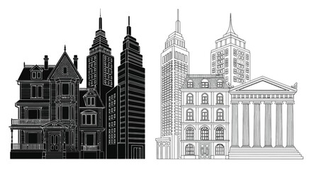 Obraz premium Architectural illustration depicting contrasting cityscapes and building styles