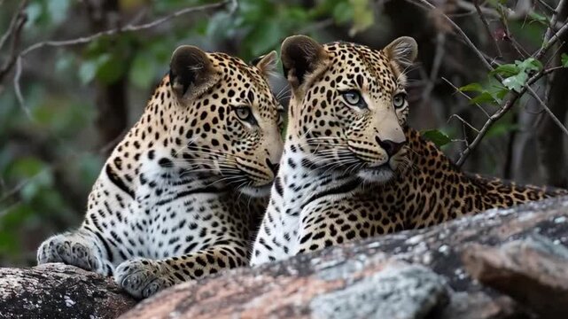 Two young leopards resting on rocks in a natural habitat.