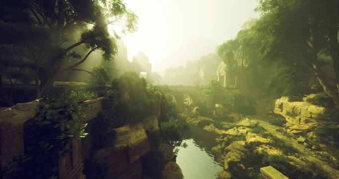 secluded river canyon temple with mossy pool and archway, overgrown stonework and fernfilled ledges create atmospheric archaeology scene, sense of heritage