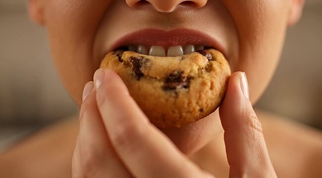Close up of person about to bite into a chocolate chip cookie