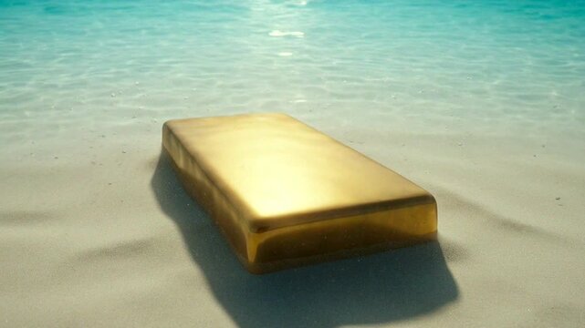 A golden block rests in clear water on a serene beach, capturing a tranquil moment of paradise.
