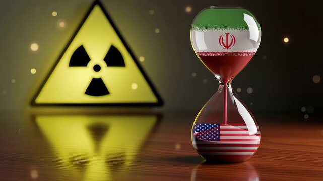 Hourglass with Iran and United States flag symbols representing nuclear tension. Geopolitical conflict concept with radiation warning sign and global crisis theme.
