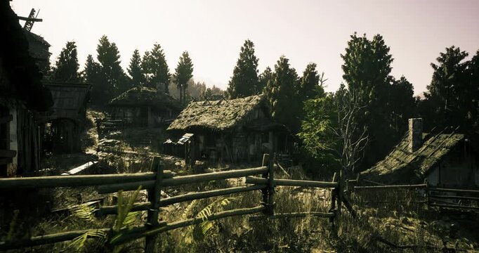 Sunlit abandoned village with overgrown ruins, crumbling timber cottages, mosscovered fences, scattered rubble and tall trees backlit by goldenhour light