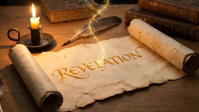 Old Parchment Scroll with Revelation Text and Magical Glowing Dust