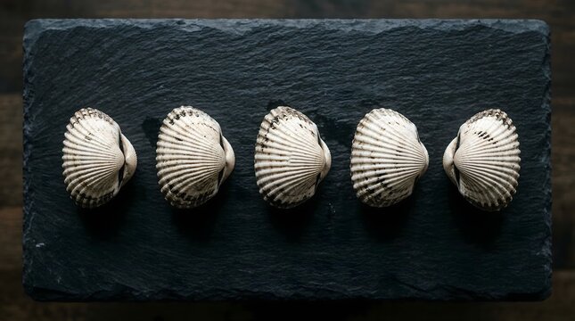 Five blood clams in straight line on dark slate board