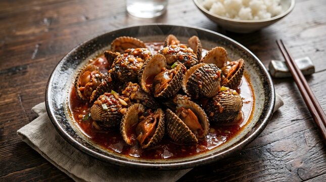 Cooked blood clams in red savory sauce on wooden table