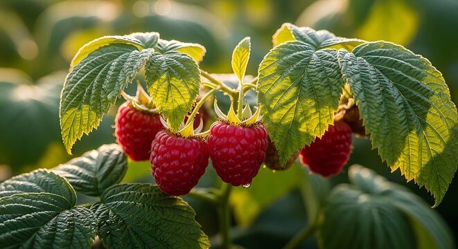 Ripe raspberries hang from a branch bathed in warm, golden sunlight, showcasing their vibrant red color and textured leaves