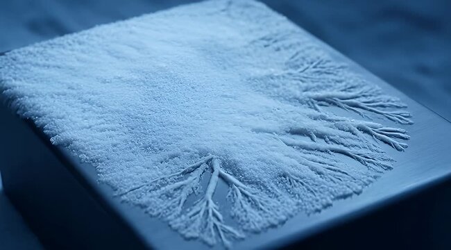 Intricate crystalline formations resembling dendritic patterns on a glossy, reflective surface, cool tone