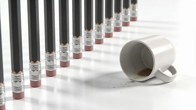 Row of graphite pencils and an overturned ceramic mug with coffee spill on white surface