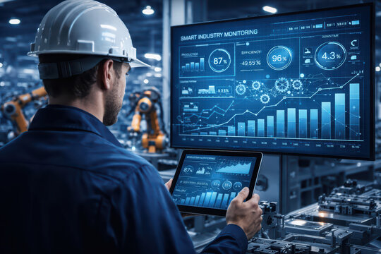 Smart industry monitoring production efficiency industrial automation factory worker digital screen tablet device manufacturing process data analysis robotic arm technology engineering industrial