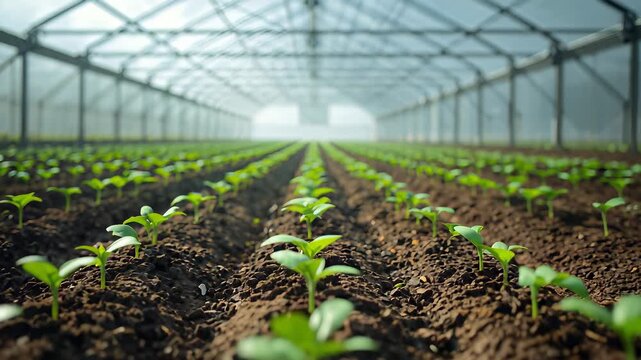 Rows of young plants growing in soil inside greenhouse with metal frame structure and soft natural light