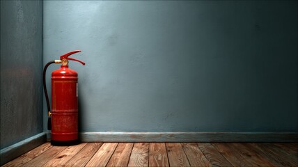 Obraz premium Red fire extinguisher against grey wall. Artificial intelligence image