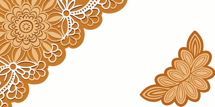Brown floral mandala ornament corner and side border, vector
