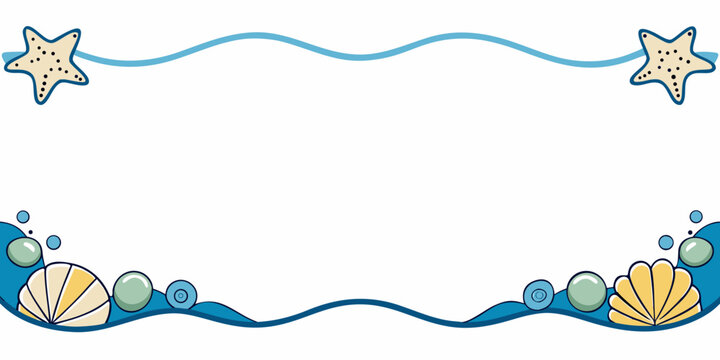 Marine frame with starfish shells and ocean waves, vector