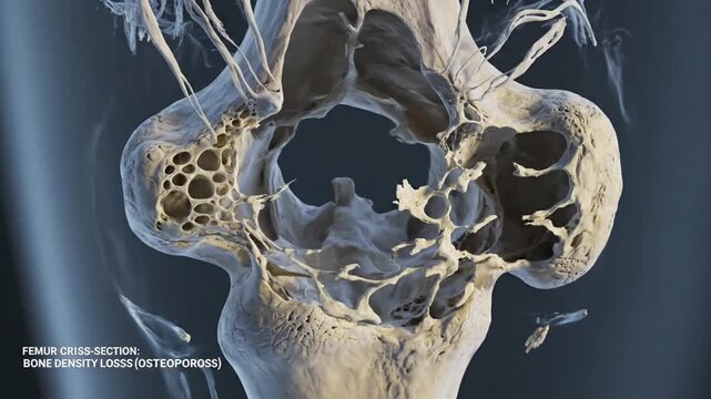 Detailed 3D rendering of a human femur cross-section illustrating severe bone density loss due to osteoporosis.