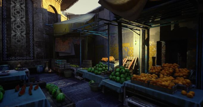 dawn empty market aisle with crates. soft amber sunrise filters through torn canvas awnings. rows of unsold vegetables and stacked baskets rest on worn wooden