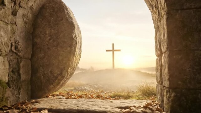 Stone tomb entrance framing a cross on a distant hill, christian redemption and hope, faith concept, Good Friday, Easter.