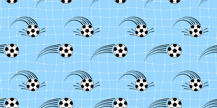 Soccer ball pattern seamless football texture and boy sport vector. Design doodle print for gingham border cute and hexagon bg world cup. Soccer background wallpaper for seamless net graphic