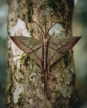 Vertical portrait of a large long-tailed moth camouflaged on a mossy tree trunk in Madagascar