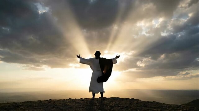 Jesus Christ standing with arms outstretched on a hill at sunrise, christian worship and hope, Good Friday, Easter.
