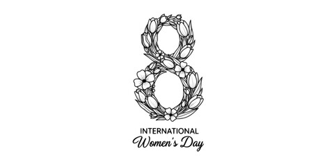 Fototapeta premium International Women's Day line art illustration with floral number eight and elegant script calligraphy. Tulips set outline. Vector illustration 