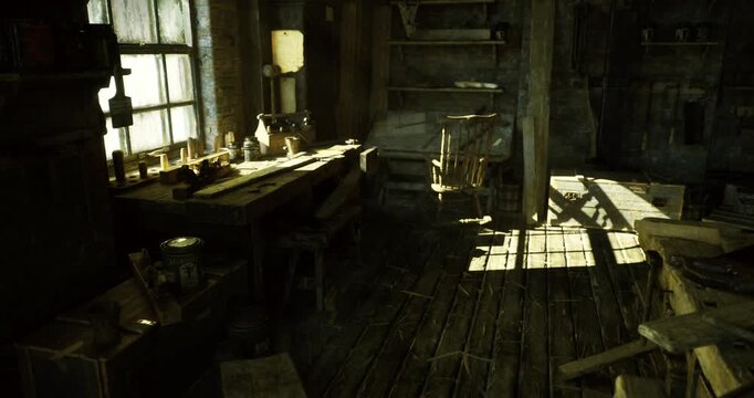 sunlit cabinetmaker corner with stacked planks and scattered plans, sharp beams cut across worn floorboards, hand tools resting on bench suggest ongoing build